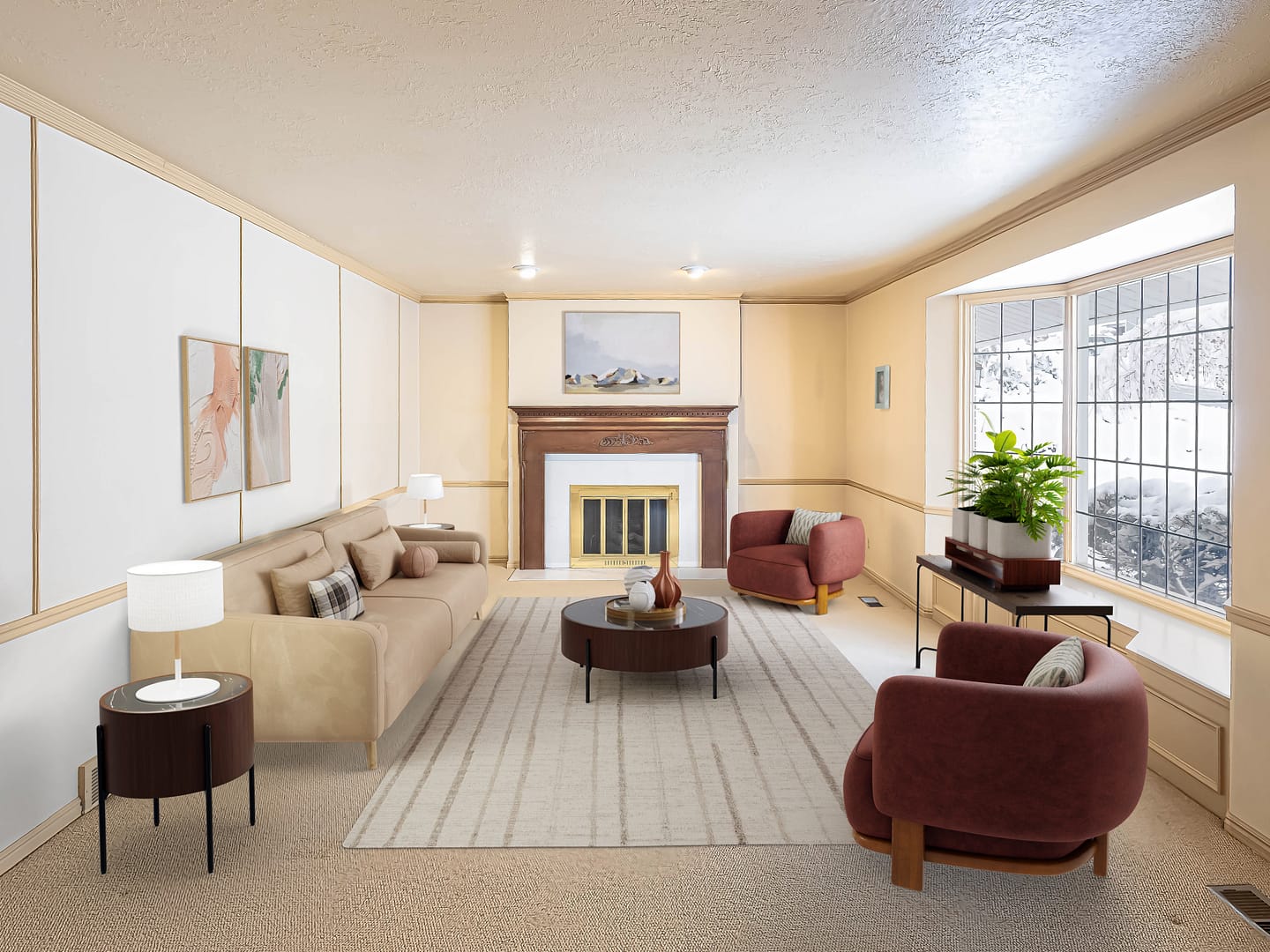 A virtually staged living room with a beige sofa, two red chairs, a round coffee table, and a fireplace. A large window with a view of snow covers the wall on the right.